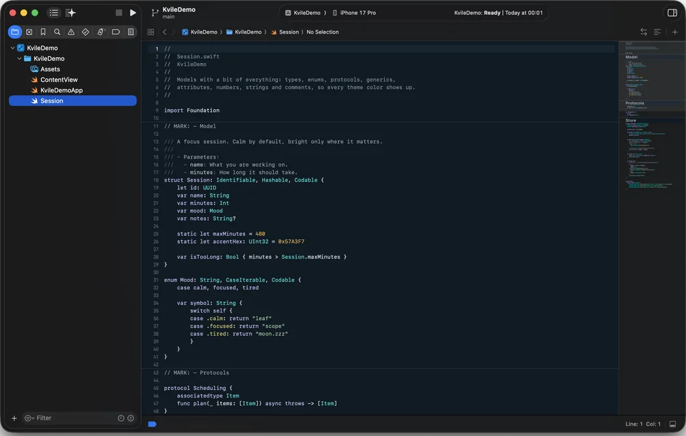 Xcode showing a Swift file in Kvile Natt